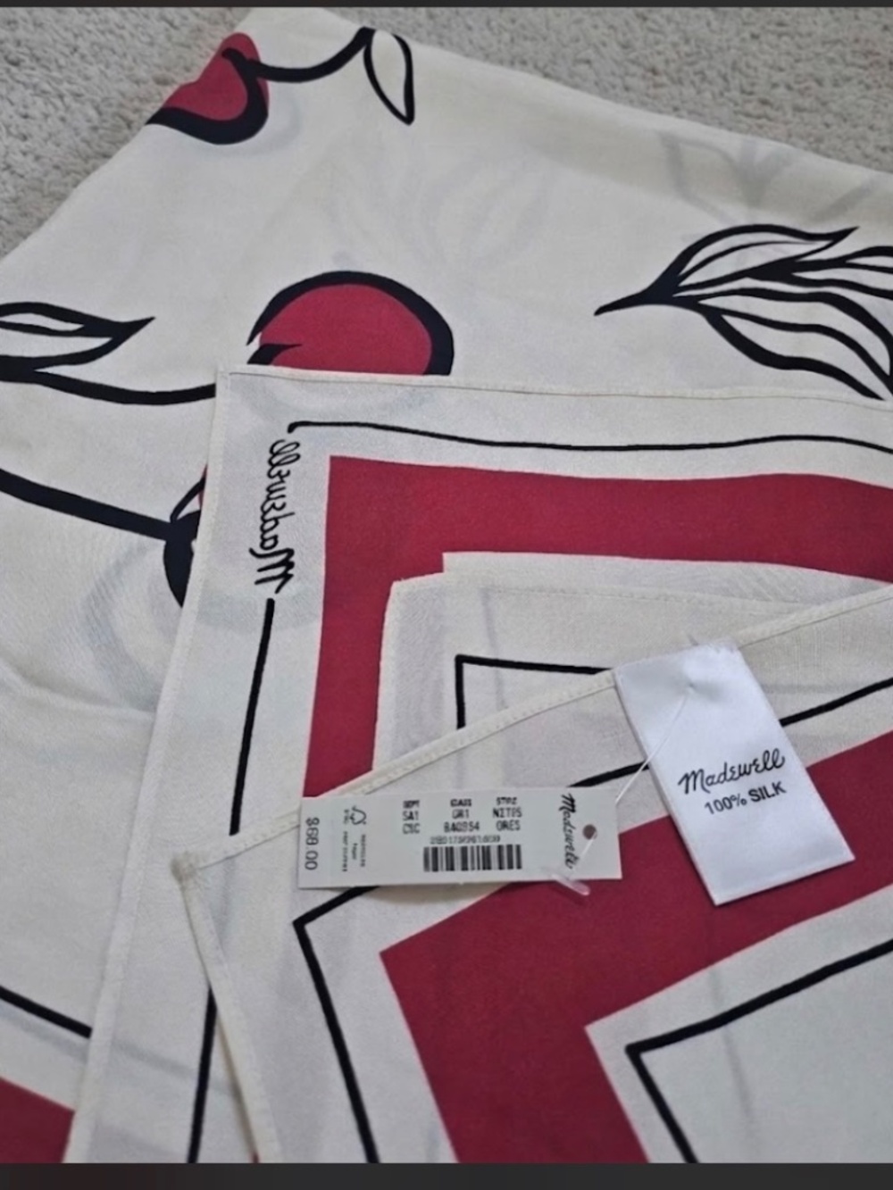 Madewell Cherry Print Silk Bandana Scarf NWT 100% Silk Red Ivory Sold Out - Picture 5 of 5